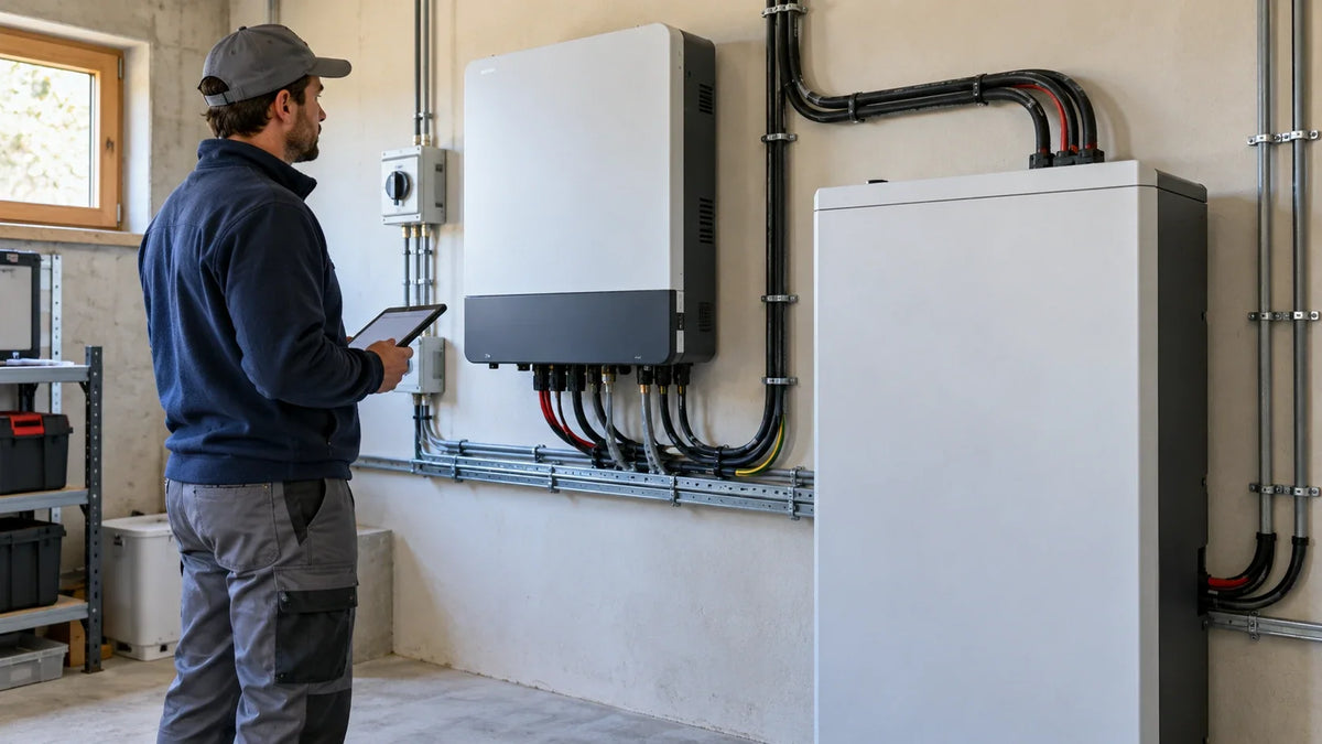 An unbranded off-grid inverter and closed battery cabinet are inspected beside a small solar installation.