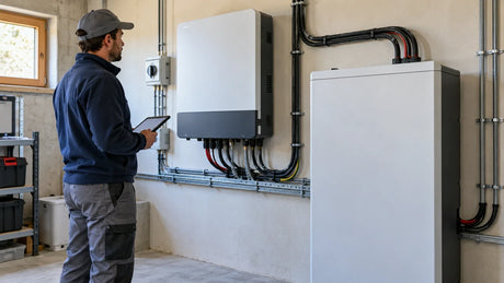 An unbranded off-grid inverter and closed battery cabinet are inspected beside a small solar installation.