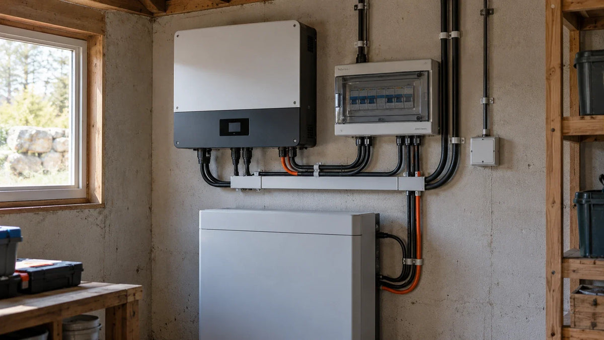 An unbranded inverter is mounted in a practical utility room near a protected battery enclosure and an AC load panel.
