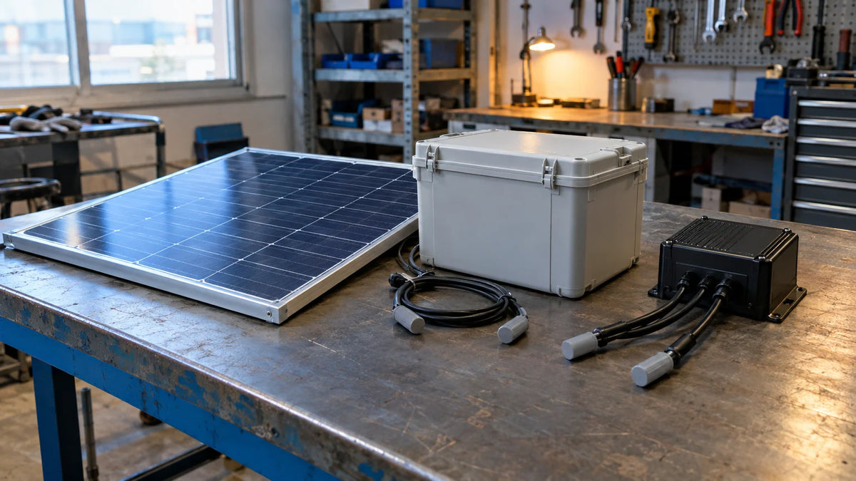 One compact finished PV module, separate closed generic battery enclosure and separate closed charge-control box on dry engineering bench, all protected leads capped and unplugged.
