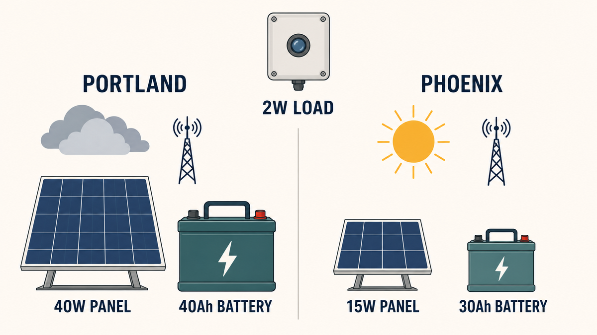 Climate-based sizing comparison for line-mounted sensor power systems.