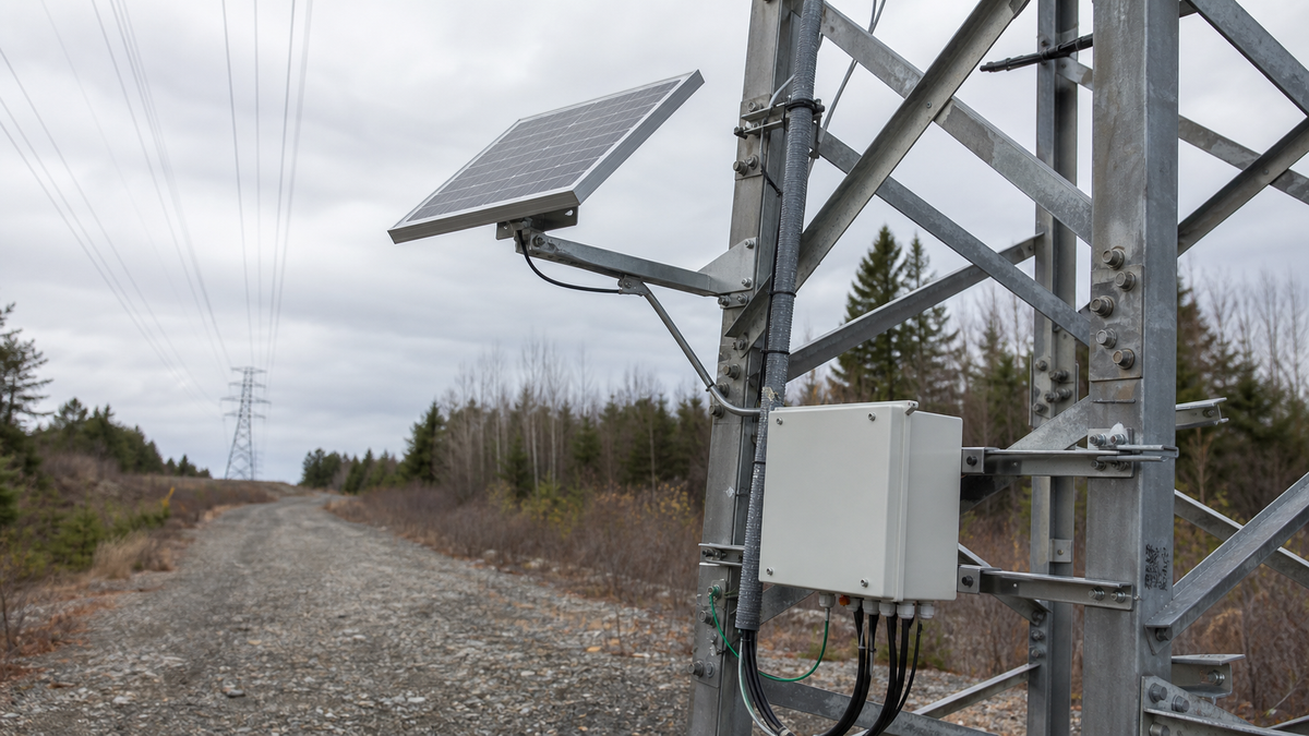 A compact solar panel and sealed optical-sensor processing enclosure mounted on a galvanized transmission tower beside an ordinary gravel maintenance corridor.