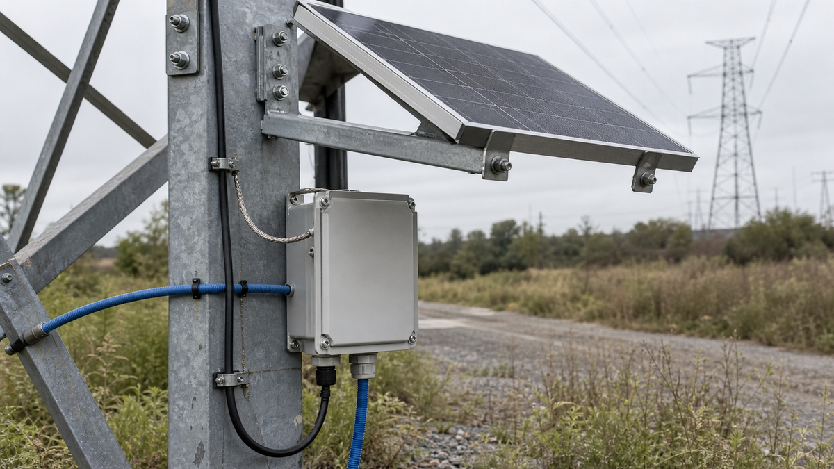 Cable routing for a line-mounted sensor on a transmission tower.