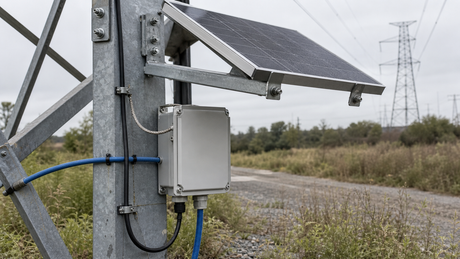 Cable routing for a line-mounted sensor on a transmission tower.