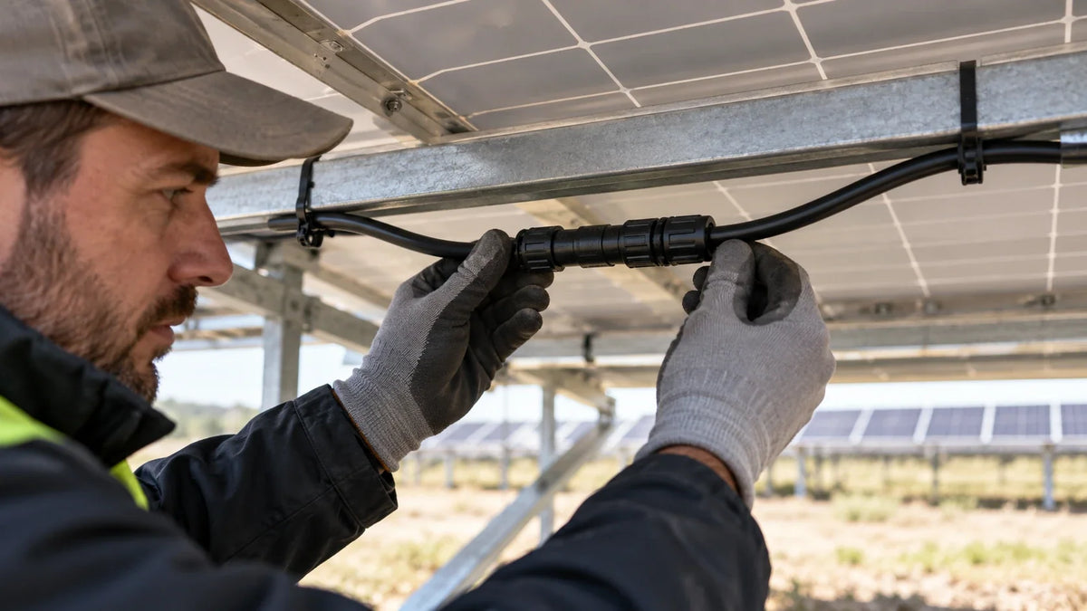 A technician checks a mated locking photovoltaic cable connector under a solar panel in an outdoor installation.