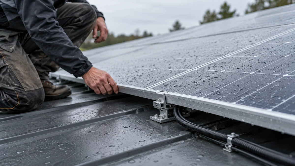 A technician checks the frame edge and cable exit of one rain-wet outdoor solar module.