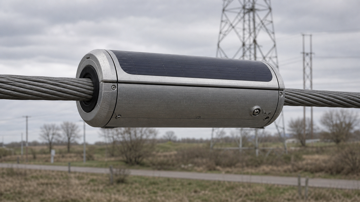 A silver hybrid power platform with a curved black solar surface is clamped around an overhead conductor in a working transmission corridor.