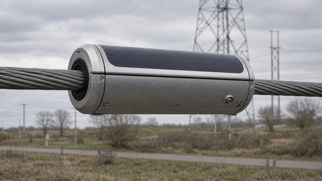 A silver hybrid power platform with a curved black solar surface is clamped around an overhead conductor in a working transmission corridor.