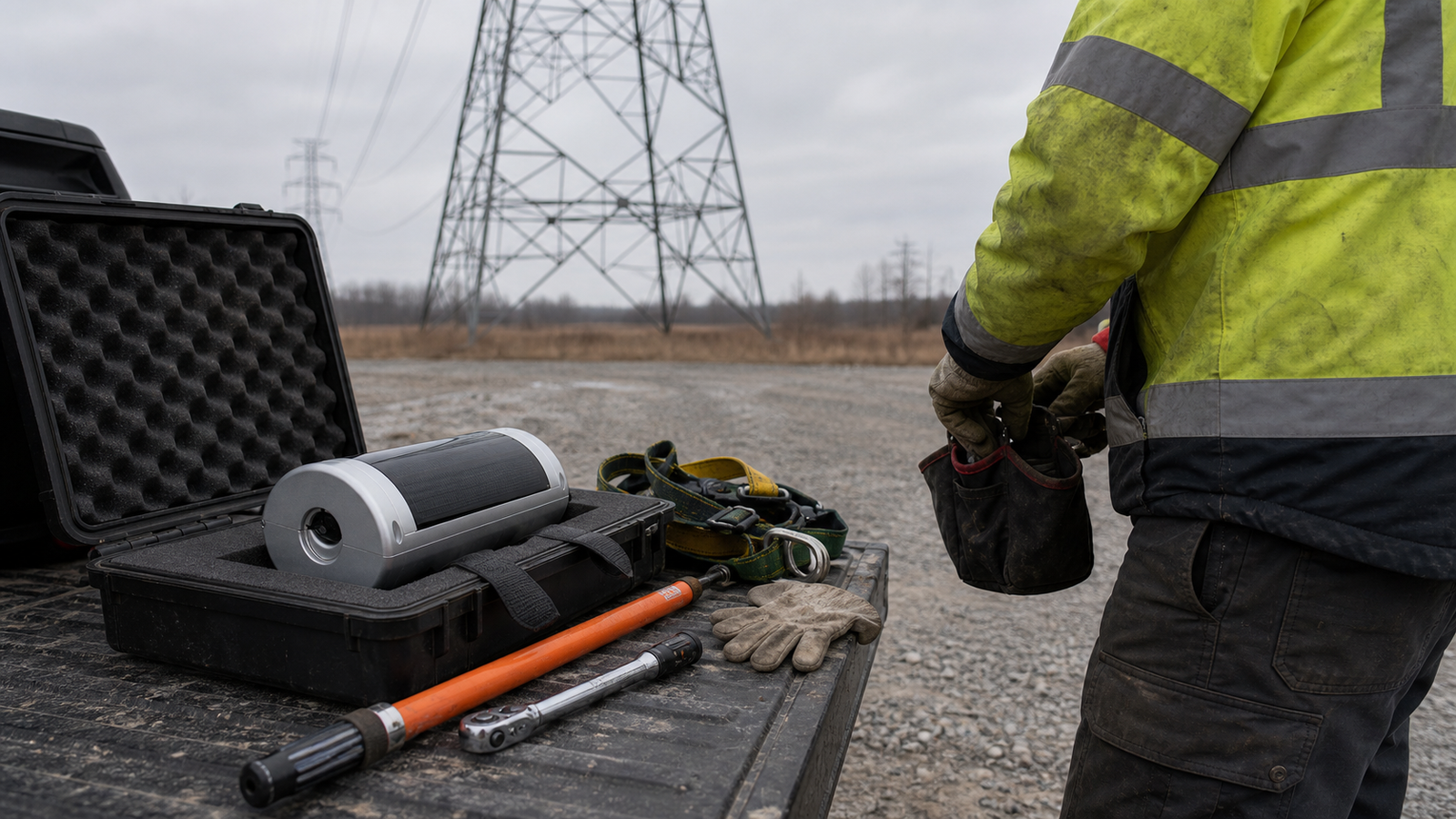 A LinkSolar overhead-line power platform, hot stick, torque wrench and safety harness are staged on a truck beside a transmission tower.