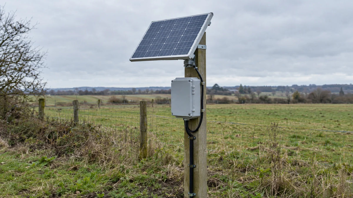 One compact finished PV module securely mounted above a closed remote-device enclosure on an ordinary field post, protected cable route visible, no controls, readings or operating claim.