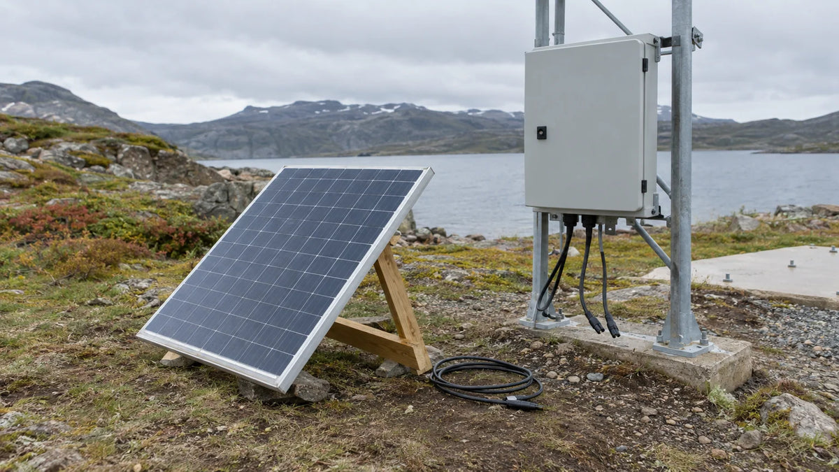 One compact PV module resting on a stable temporary support at a modest remote equipment site.