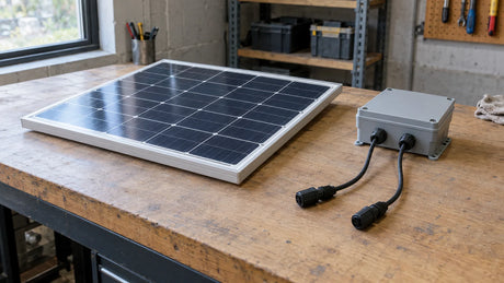 One compact finished PV module on a dry workbench beside a separate closed charge-control input enclosure, capped output leads clearly disconnected, no meter or readable voltage figure.