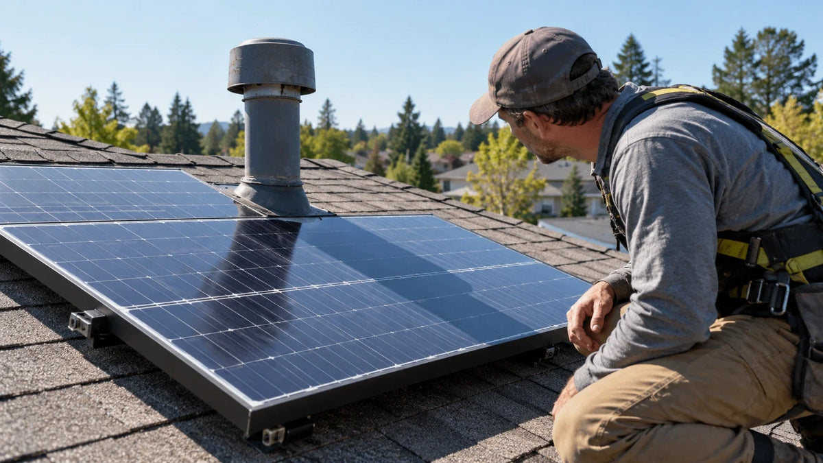 A rooftop photovoltaic panel receives a distinct shadow from nearby equipment during a practical site inspection.