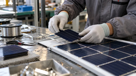 A technician handles silicon solar cells beside a partially assembled photovoltaic module.