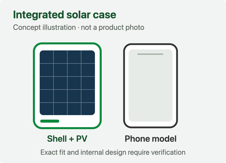 Conceptual solar phone case shell with a photovoltaic surface beside an unspecified phone