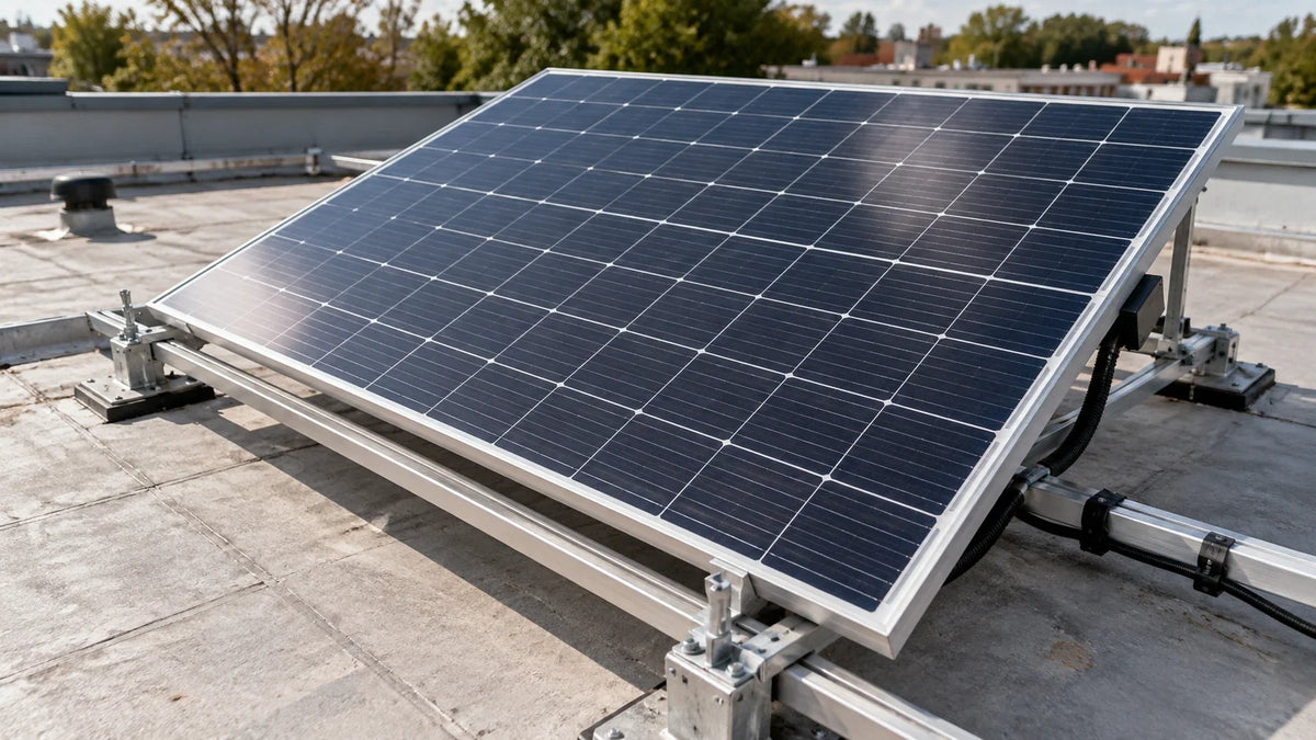 A technician inspects a conventional photovoltaic panel on a practical low-slope roof in daylight.
