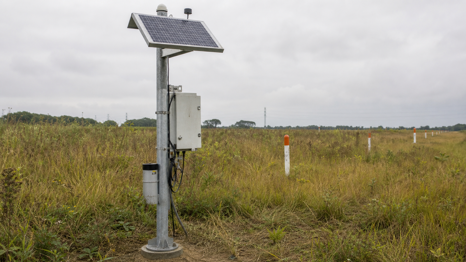 A solar-powered cathodic protection monitoring station mounted on a pole along a pipeline right-of-way, with pipeline marker posts visible in open terrain.