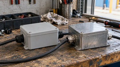 Closed plastic and metal electrical junction boxes sit side by side on an electrician's workbench for selection.