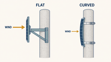 Mounting geometry comparison for curved versus flat solar panels on a pole.