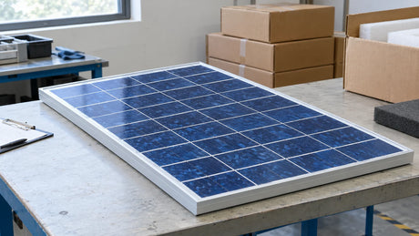 One finished compact blue multicrystalline-style PV module on an ordinary incoming-sample bench with plain packaging in background.