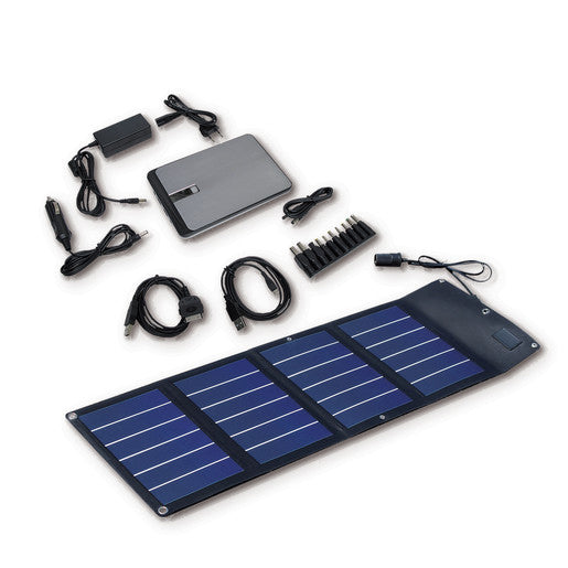 portable foldable solar charger kit with power bank and adapter cables