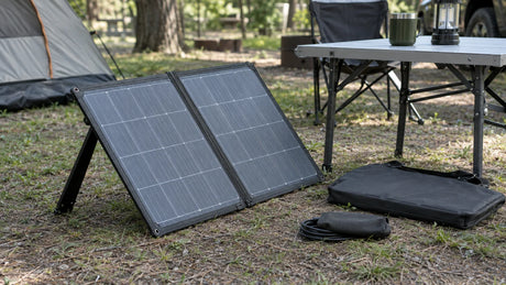 An unbranded folding solar panel half unfolded on its stand at a campsite table, with a storage bag and disconnected cable beside it.