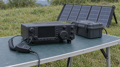 A compact unbranded amateur-radio station and portable solar panel are set up at a plain outdoor table, illustrating a portable station whose power path needs confirmation.