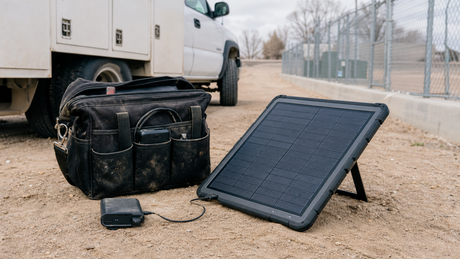 Portable solar charger powering a device next to a work bag in an outdoor maintenance setting