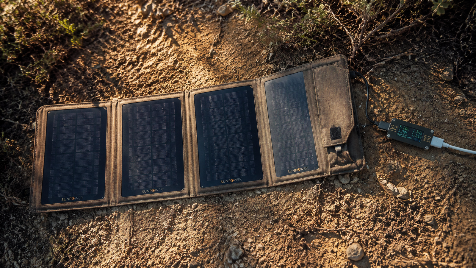 Top-down view of a DIY foldable solar charger with SunPower IBC cells on canvas panels, connected to a USB power meter showing output in bright sunlight