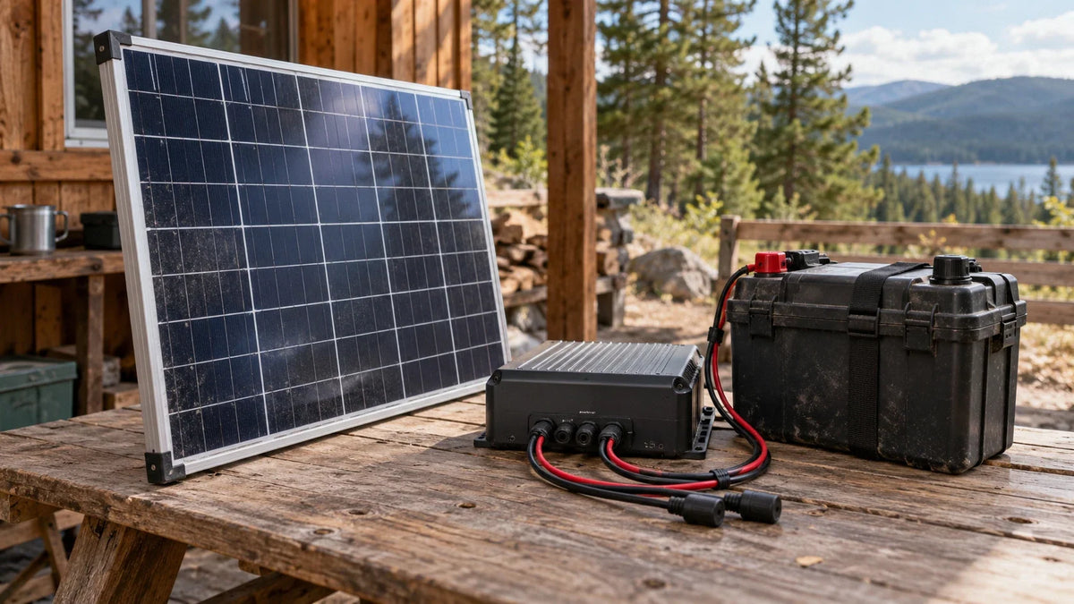 A compact solar controller and protected battery are reviewed with a portable panel on a plain field-service table.
