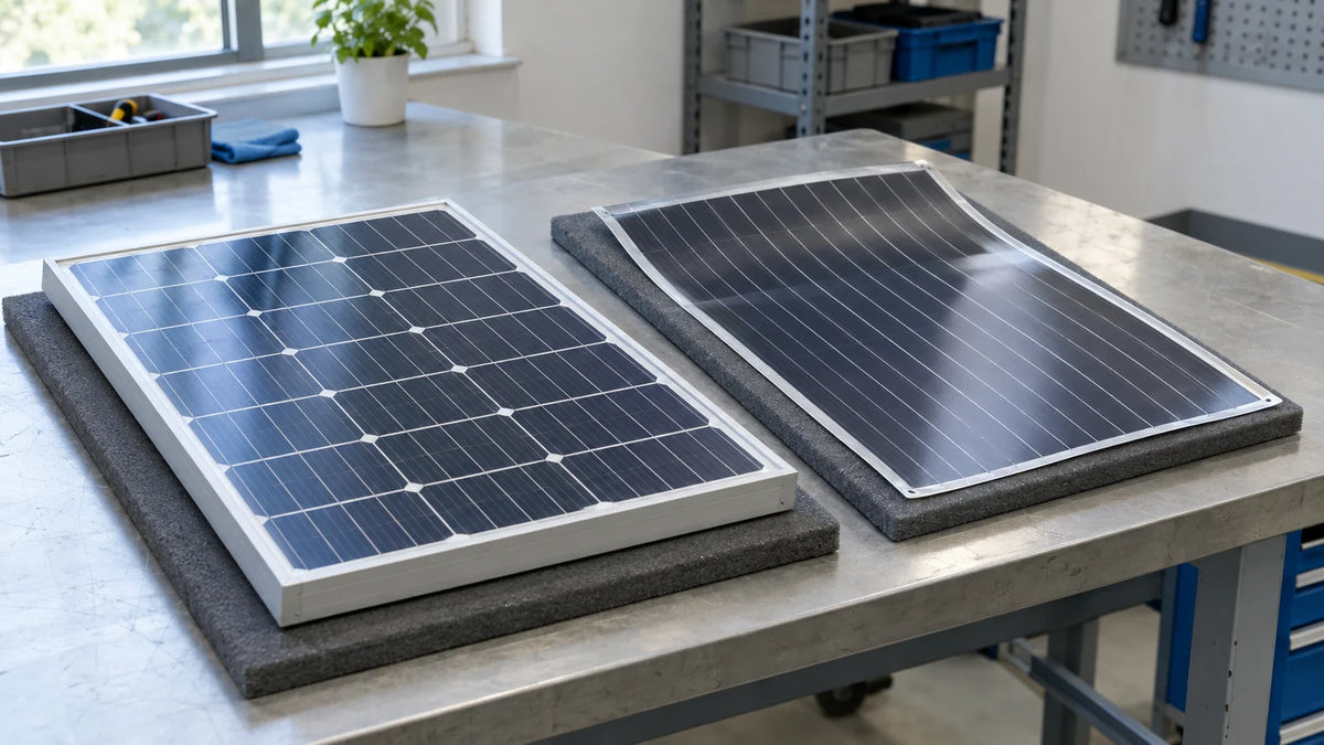 Two finished PV module types on separate pads: compact rigid framed glass module and flexible laminated sample, neutral inspection bench.