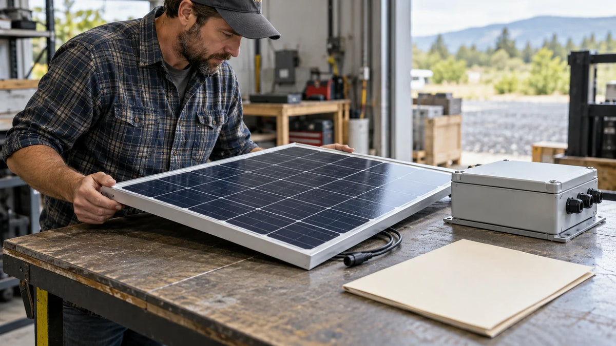 An unbranded PV module lies beside a blank technical folder while a buyer examines its protected cable exit.