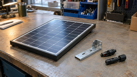 One finished compact PV module, separate loose metal bracket and protected connector samples arranged in distinct areas on a modest sourcing bench, no assembled kit or live circuit.