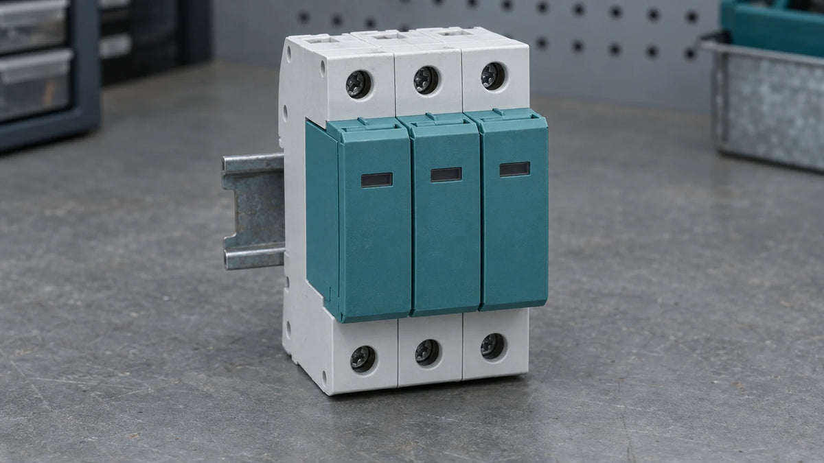 Unbranded modular surge-protection samples rest on a short DIN rail, illustrating a purchase that needs exact PV DC application and assembly evidence.