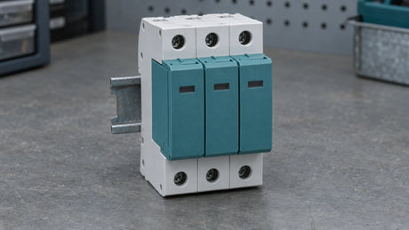 Unbranded modular surge-protection samples rest on a short DIN rail, illustrating a purchase that needs exact PV DC application and assembly evidence.