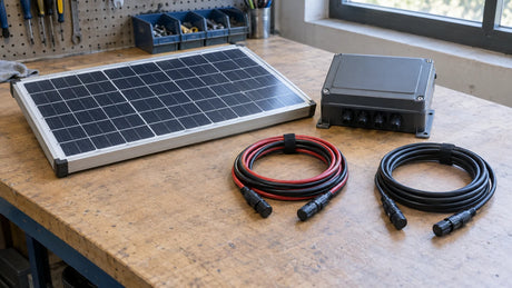 A compact framed PV module on a dry technical workbench, a separate closed charge-control enclosure and neatly coiled protected cables with capped connectors, all disconnected.