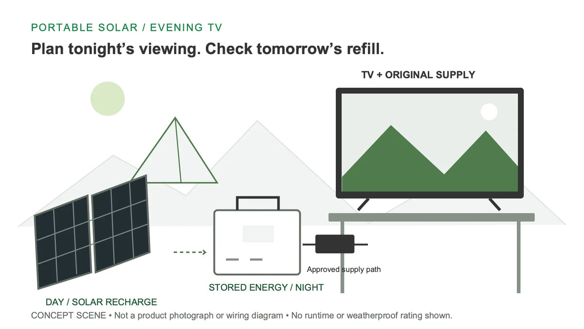 Concept campsite scene with a TV on a table, separate stored-energy unit, approved-supply symbol and a portable panel