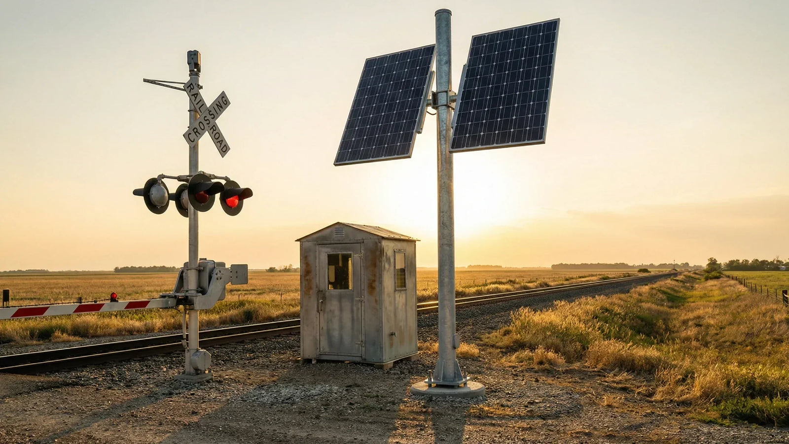 Rural railroad grade crossing with solar panels on pole near signal bungalow