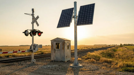 Rural railroad grade crossing with solar panels on pole near signal bungalow
