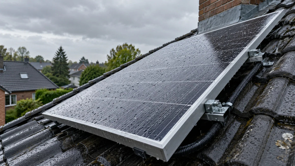 A rain-speckled rooftop solar panel remains connected through protected wiring during an overcast site inspection.