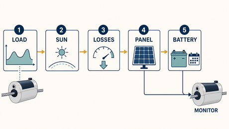 A five-step sizing flow diagram for remote line monitor power budgets.