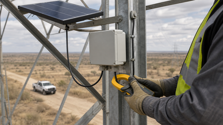 A technician commissioning a solar-powered wireless line sensor node in the field.