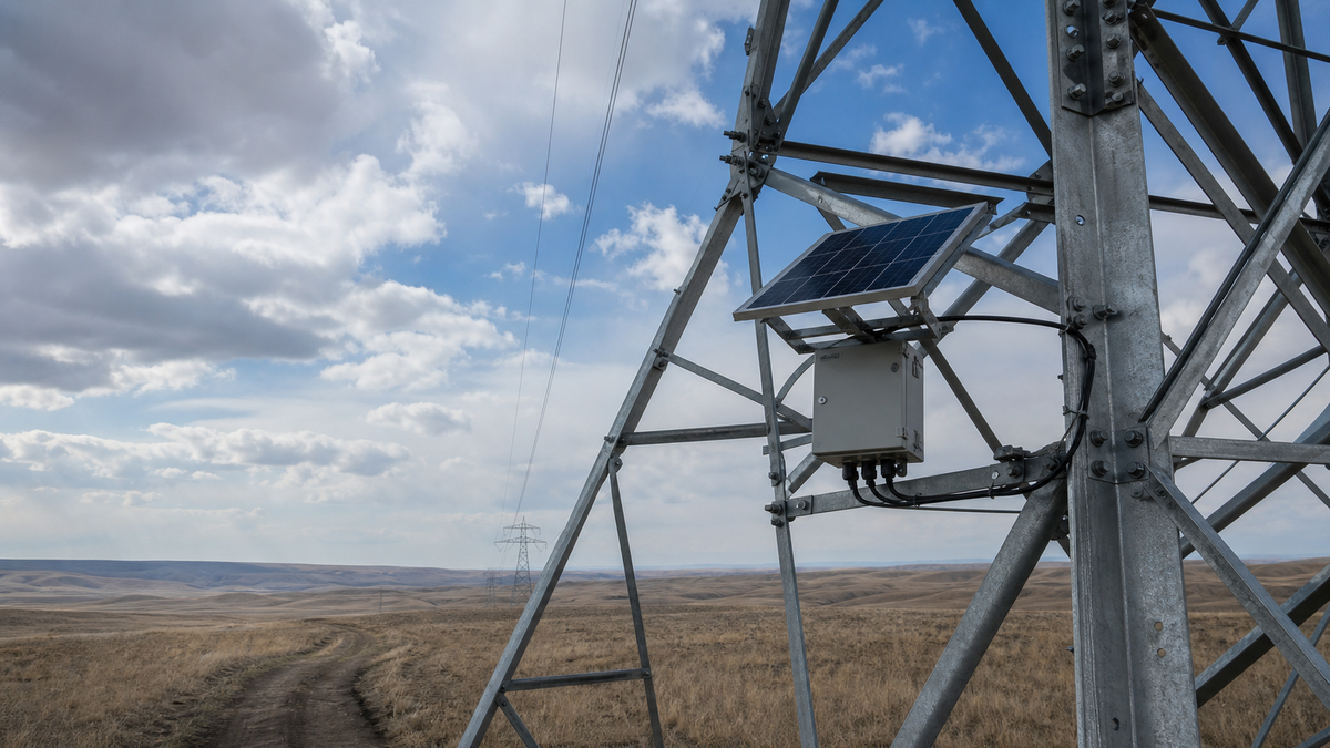 A compact solar panel and weatherproof remote-monitor enclosure mounted high on a transmission tower above an open grassland power corridor.