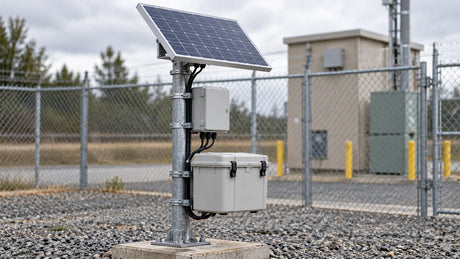 A compact unbranded solar panel, closed controller and protected battery serve a small remote field installation.