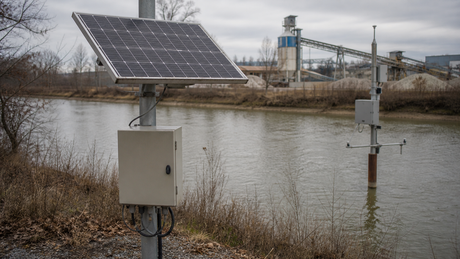 A pole-mounted remote solar power system beside a river monitoring station, with solar panel, enclosure cabinet, and cabling visible in an industrial field setting.