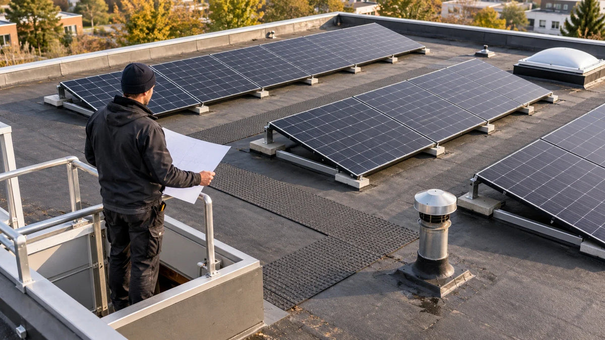 A technician checks a real rooftop panel layout with walkway and edge setbacks before estimating installed power density.