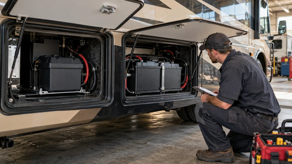 A technician inspects two enclosed battery compartments in a parked RV before planning the charging circuits.