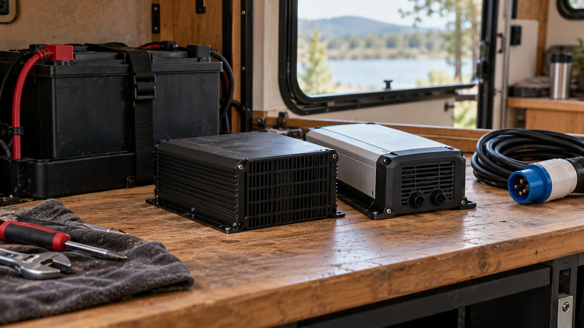 An unbranded inverter and a separate converter are compared beside a battery and shore-power lead on an RV workbench.