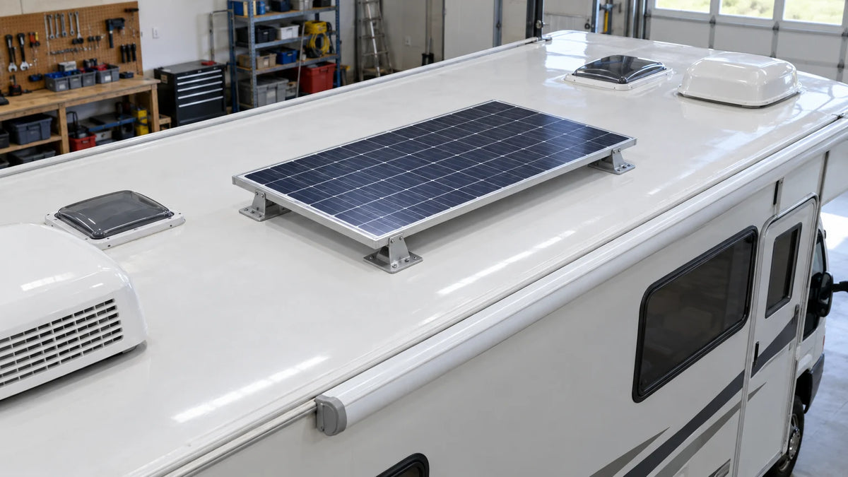 A framed solar panel and visible metal brackets on a parked RV roof, showing the roof edge and panel position at the mounting interface.