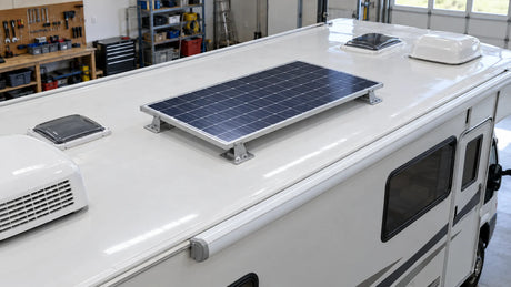 A framed solar panel and visible metal brackets on a parked RV roof, showing the roof edge and panel position at the mounting interface.